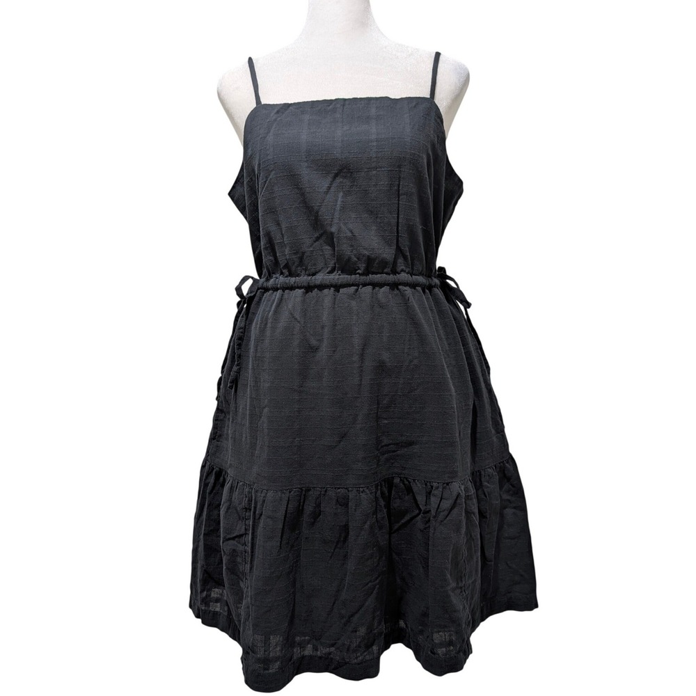 GAP Tiered Mini Dress Black Cotton Square Neck Drawstring Waist Pockets Tall M - Picture 2 of 12